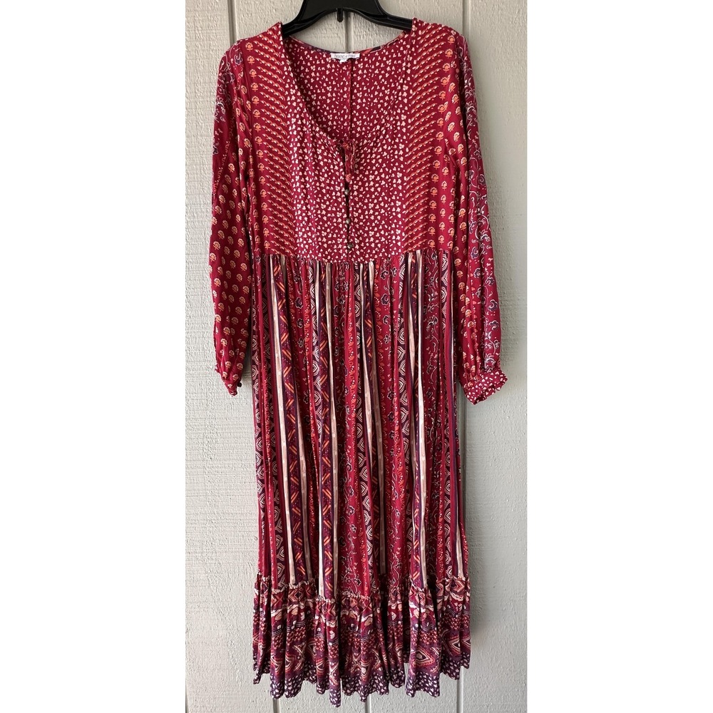 Patrons Of Peace Dress Womens Small Red Floral Peasant Boho Maxi 3/4 Sleeve